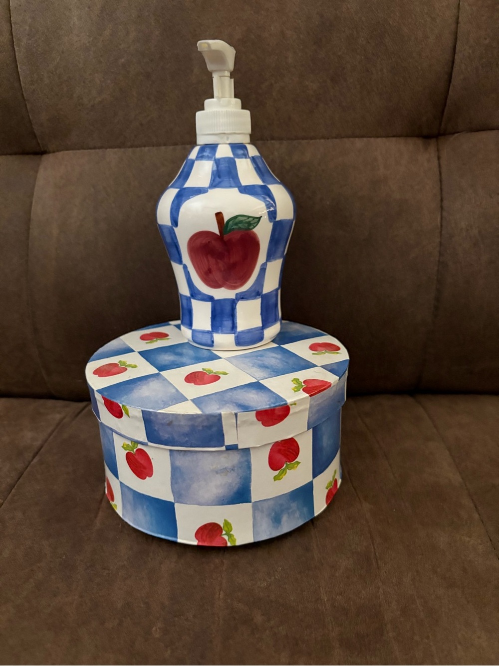 Hand-Painted Blue Check & Red Apple Ceramic Soap Dispenser with Matching Box